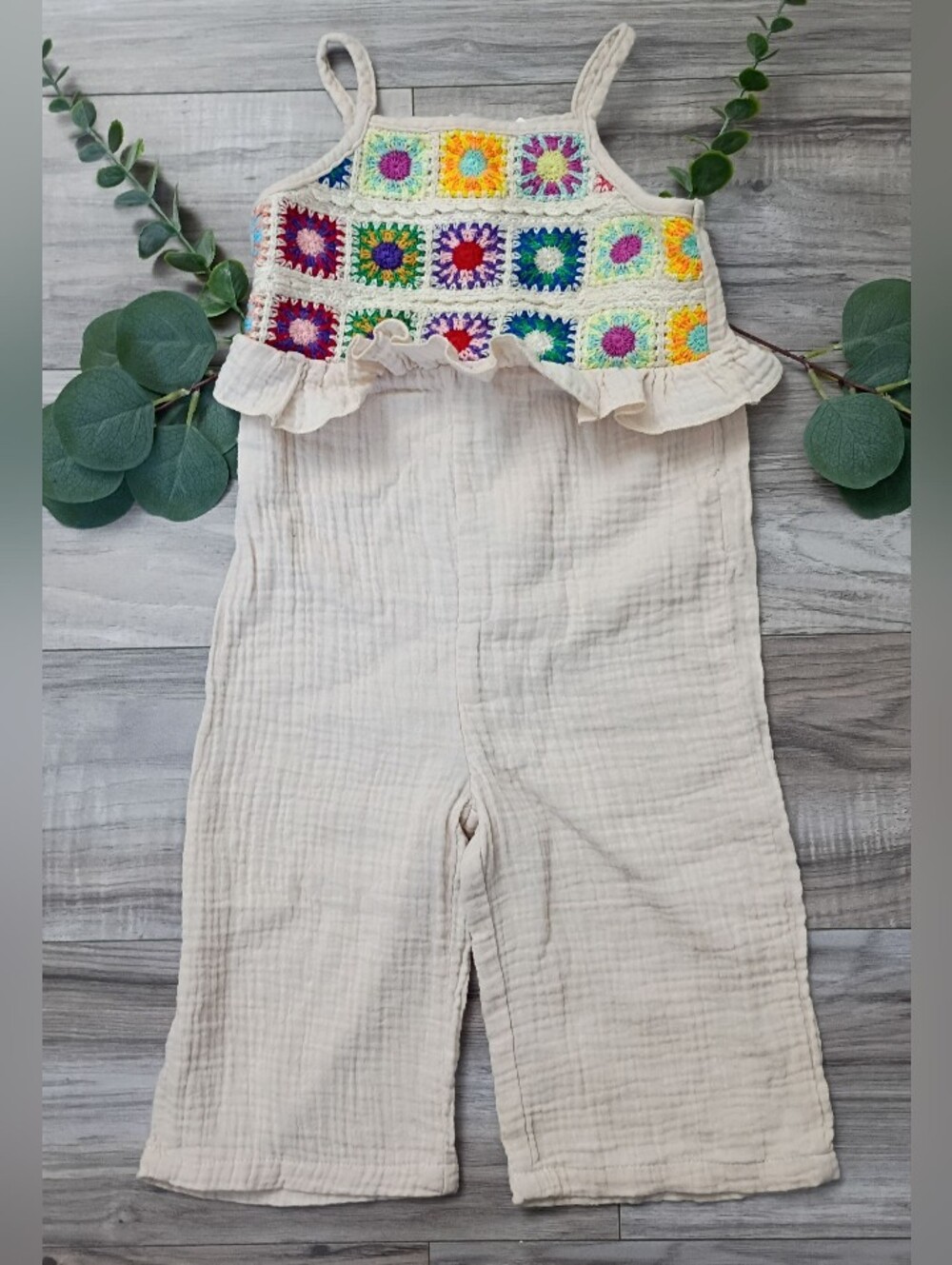 SHEIN Cream Muslin Jumpsuit with Multicolor Crochet Yoke